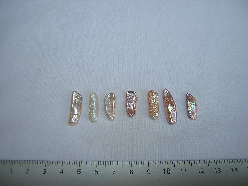 10-15mm long grade AA gold, pink, purple Biwa pearl