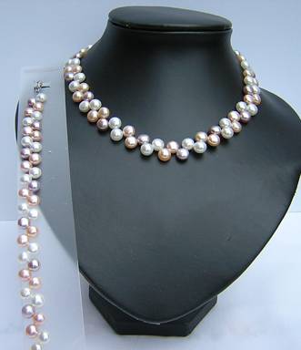 7-8mm button shaped tri-color pearl necklace with matching bracelet
